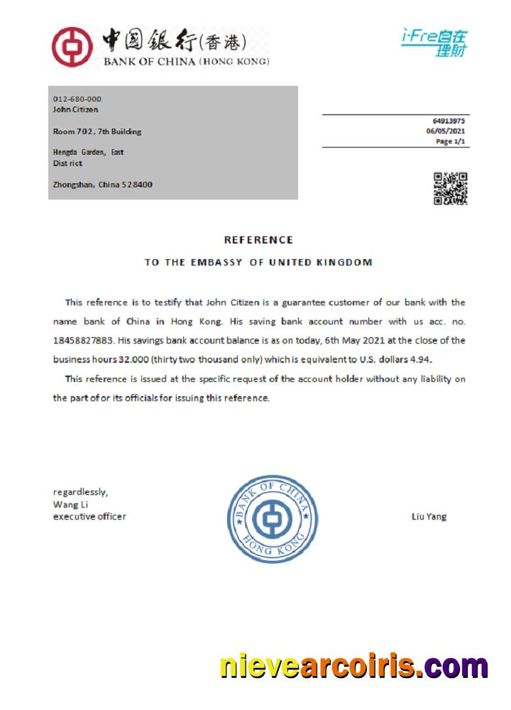 Hong Kong Bank of China reference